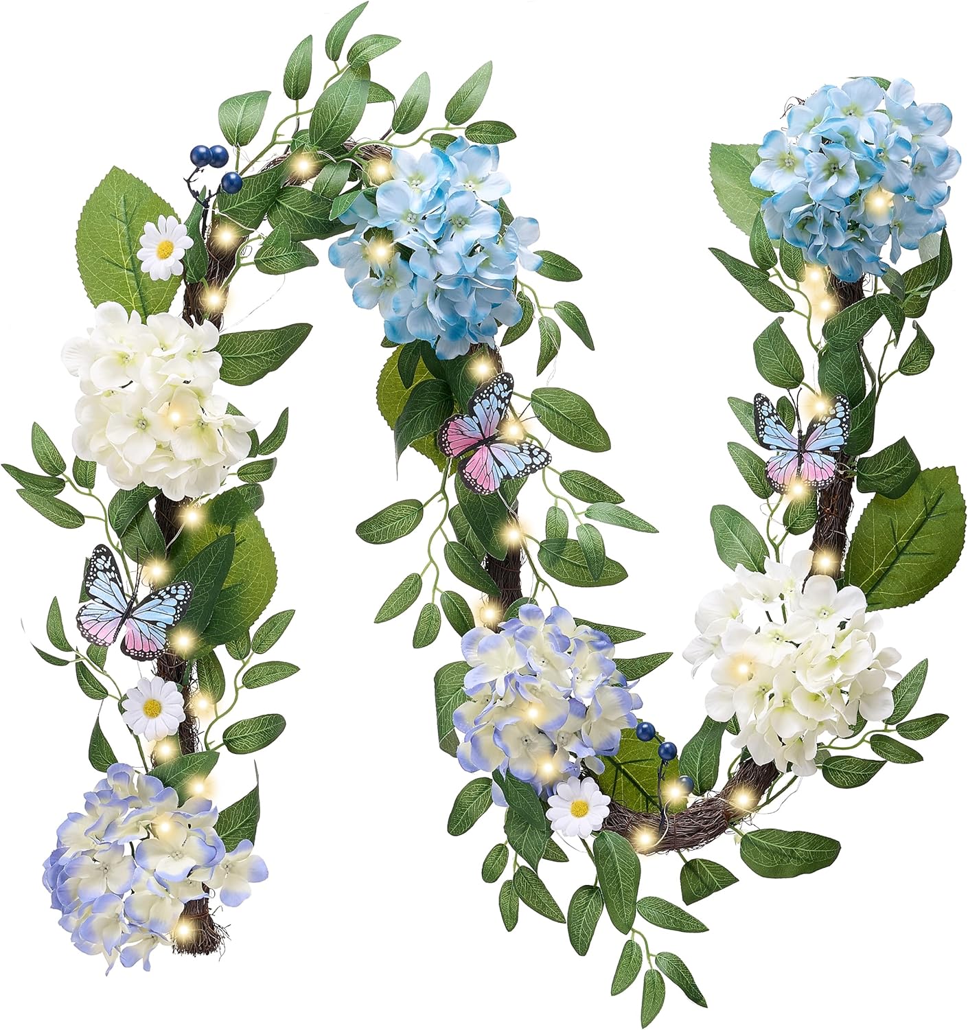 Valery Madelyn 6FT Spring Summer Flower Garland with Lights for Mantle,Blue White Hydrangeas Floral Garland with Eucalyptus Leaves Butterfly for Home Table Centrepiece Stairs Wedding Party Decorations