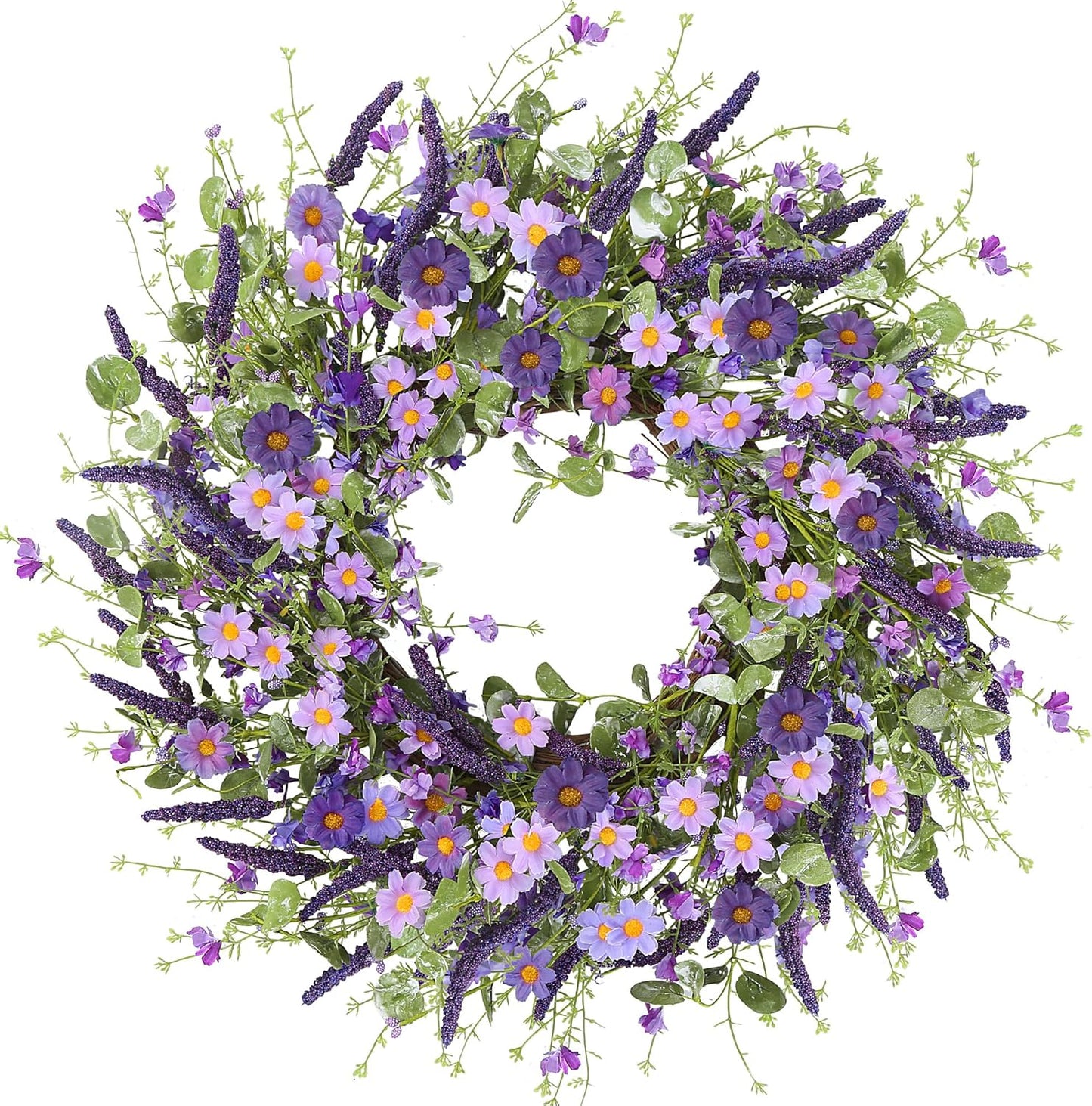 Sggvecsy White Daisy Wreath 24 Inch with Fake Silk Floral Green Eucalyptus Leaves and Lavender for Spring Summer Front Door Window Wall Wedding Farmhouse Festival Decor