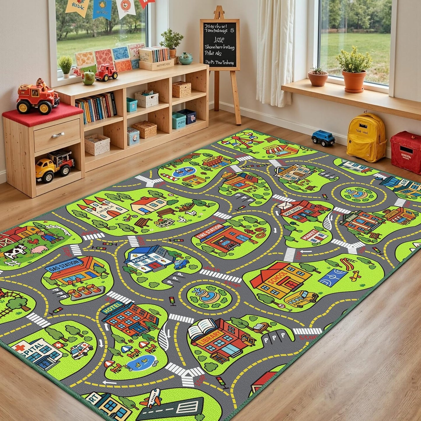 Upgrade Ultra Non Slip Kids Car Rug, Kids Road Playmat Rug for Toy Cars, Educational Town City Map Washable Carpet for Boy Playroom Bedroom, Safer Car Track Play Mat for Children Baby Toddler, 60"x36"