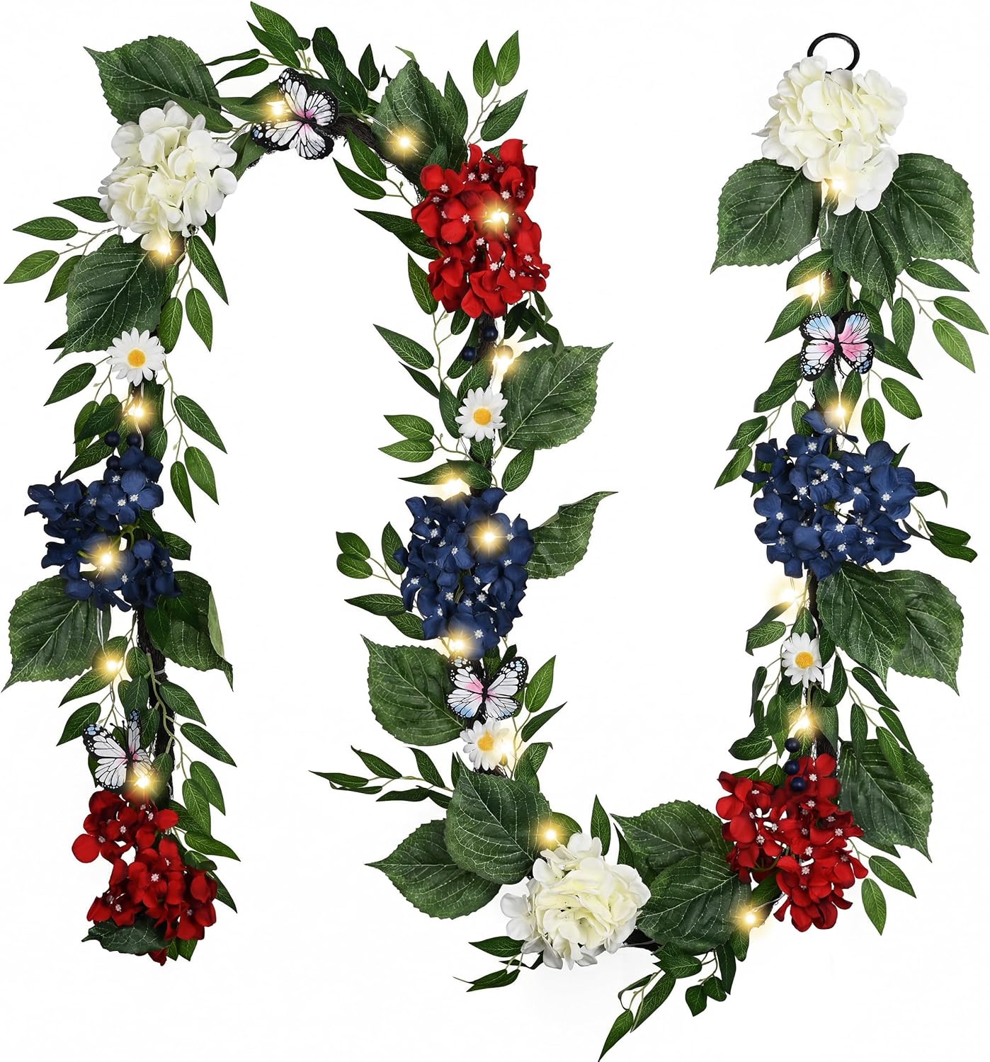 Valery Madelyn 6FT Spring Summer Flower Garland with Lights for Mantle,Blue White Hydrangeas Floral Garland with Eucalyptus Leaves Butterfly for Home Table Centrepiece Stairs Wedding Party Decorations