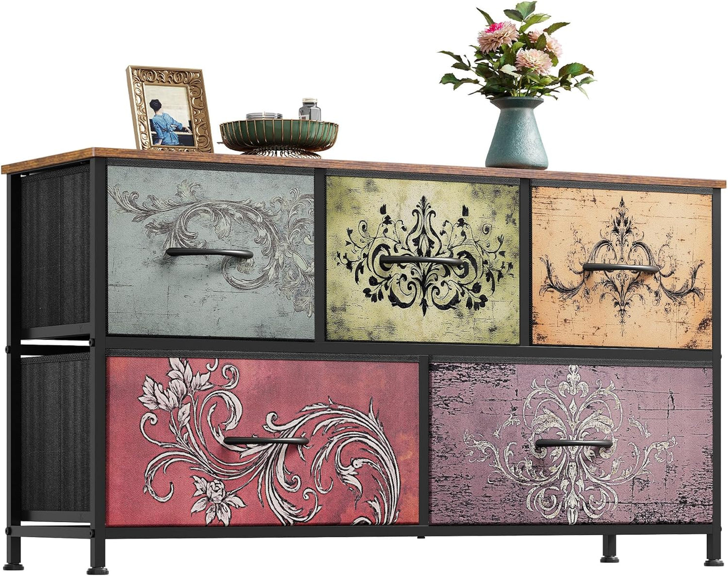 WLIVE Dresser for Bedroom with 5 Drawers, Wide Chest of Drawers, Fabric Dresser, Storage Organizer Unit with Fabric Bins for Closet, Living Room, Hallway, Dark Grey