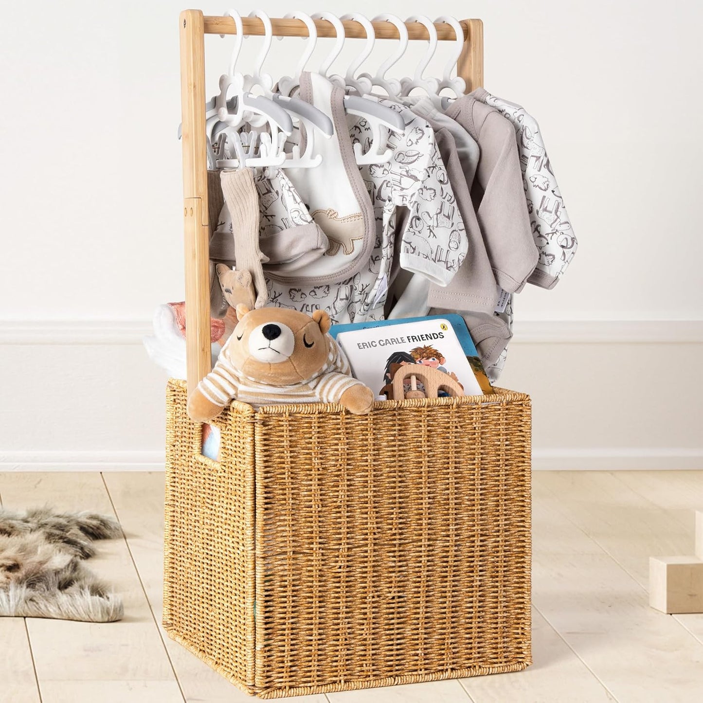 Wooden Baby Shower Crate Closet, Baby Storage Crate Hamper with Handle, Basket for Baby Shower Gifts, Welcome Gift Basket for Newborn Boys Girls, Pregnancy Gifts for New Parents