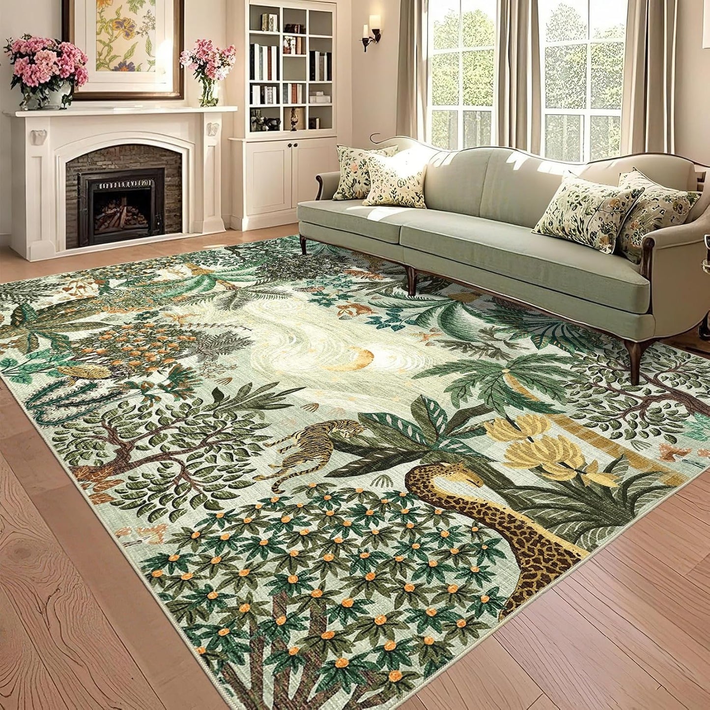 GarveeHome 4x6 Washable Area Rug for Kids Room, Jungle Animal Soft Bedroom Rug Non Slip Low Pile Small Carpet Stain Resistant Throw Rug for Bedside Playroom Classroom Office Dining Room