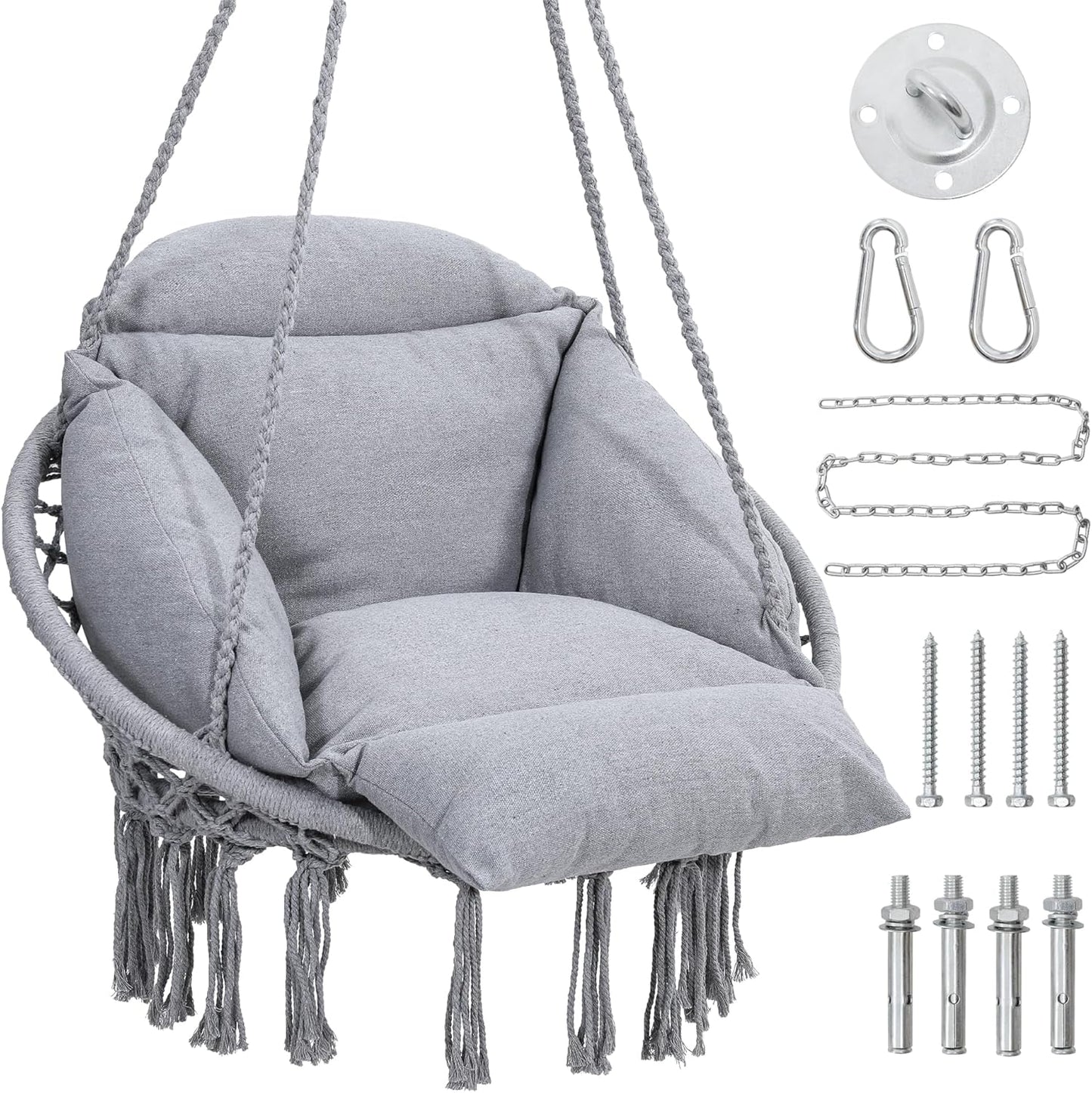 KROFEM Macrame Hammock Hanging Swinging Chair with Medium Cushion, Perfect for Bedroom, Porch, Adults, Balcony, Beige