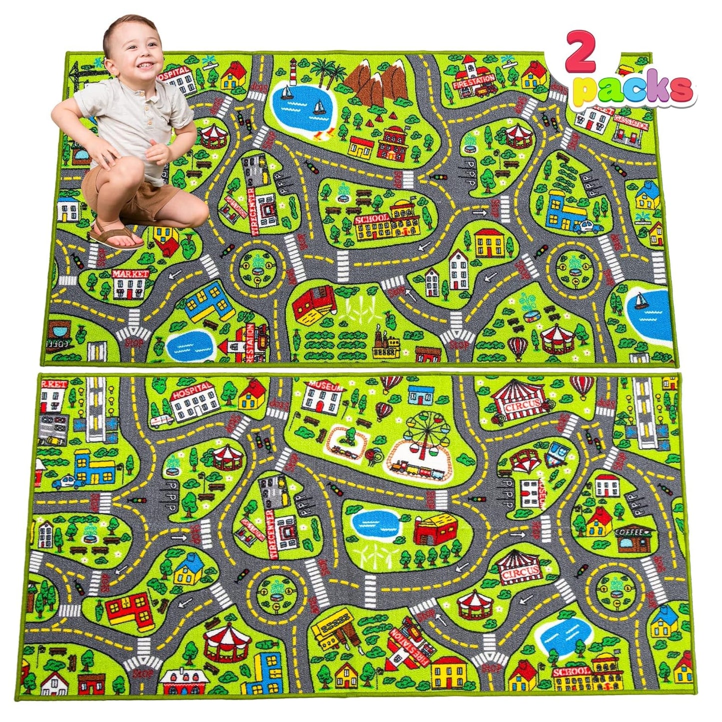 JOYIN Carpet Playmat w/ 12 Cars Pull-Back Vehicle Set for Kids Age 3+, Jumbo Play Room Rug, City Pretending Play