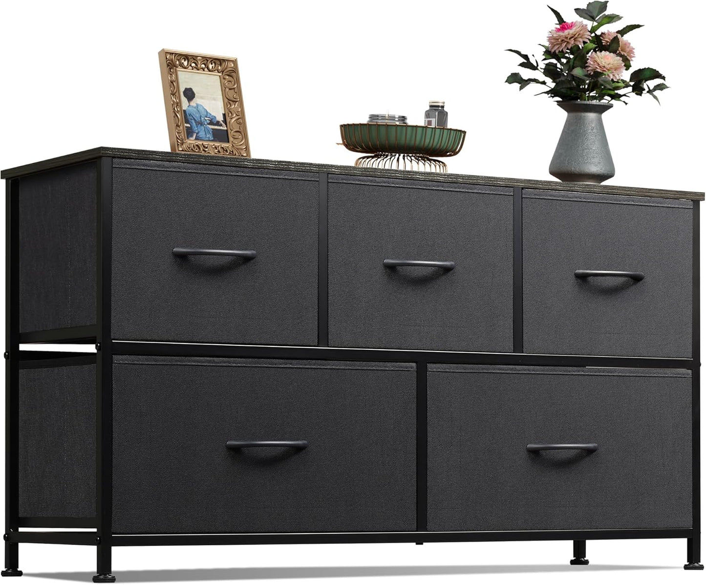 WLIVE Dresser for Bedroom with 5 Drawers, Wide Chest of Drawers, Fabric Dresser, Storage Organizer Unit with Fabric Bins for Closet, Living Room, Hallway, Dark Grey