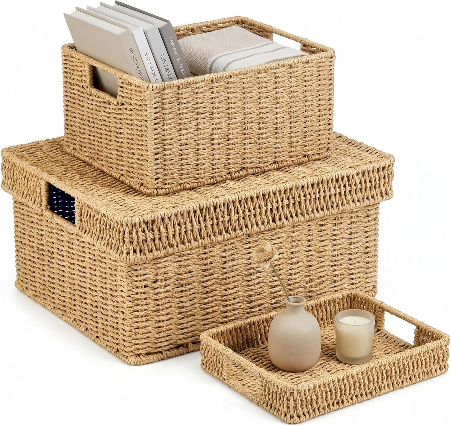 Wicker Storage Basket with Lid - Woven Storage Basket for Organizing,Rectangular Decorative Boxes Bins with Lids for Shelves, living room, Nursery, 2-Piece Set(Natural)
