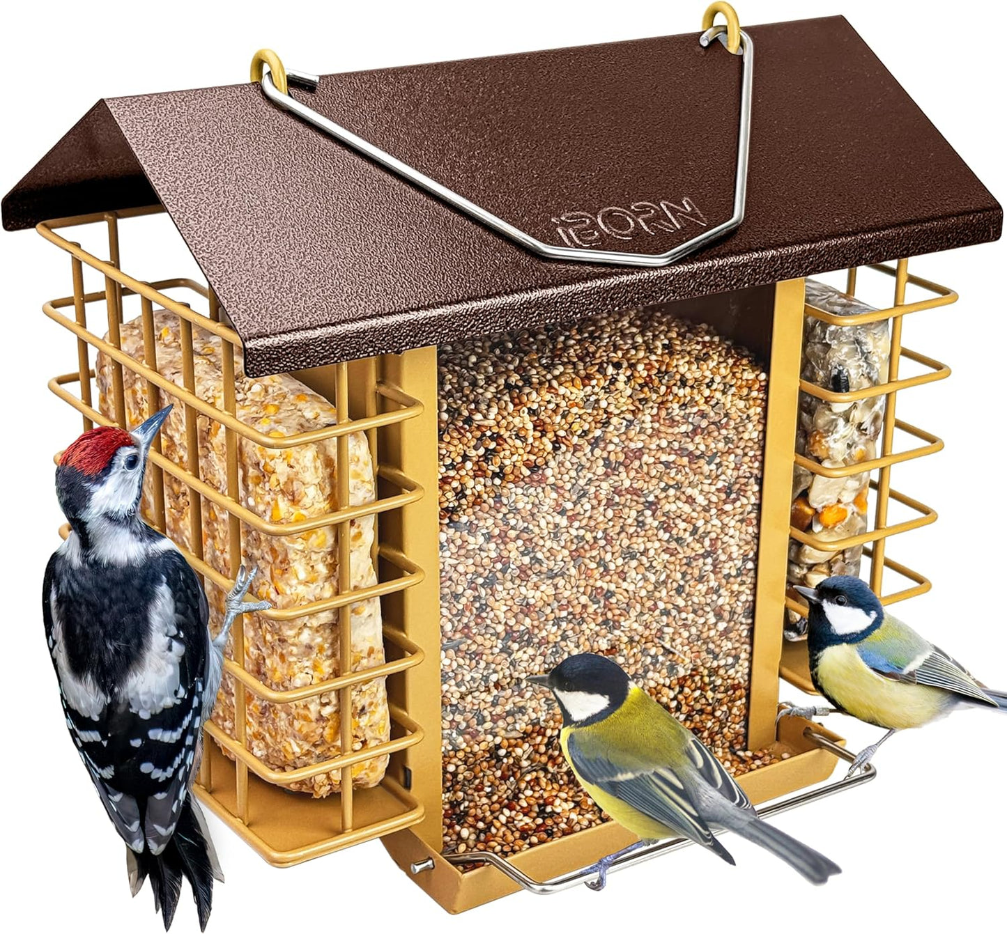 iBorn Bird Feeders for Outdoors,Bird Feeder with Double Suet Holders,Suet Feeder for Outside,Weatherproof Metal Roof,Easy to Refill&Clean,3.2 LBs Seed Capacity+2X Cake,1 Pack,Coffee Roof & Yellow Grid