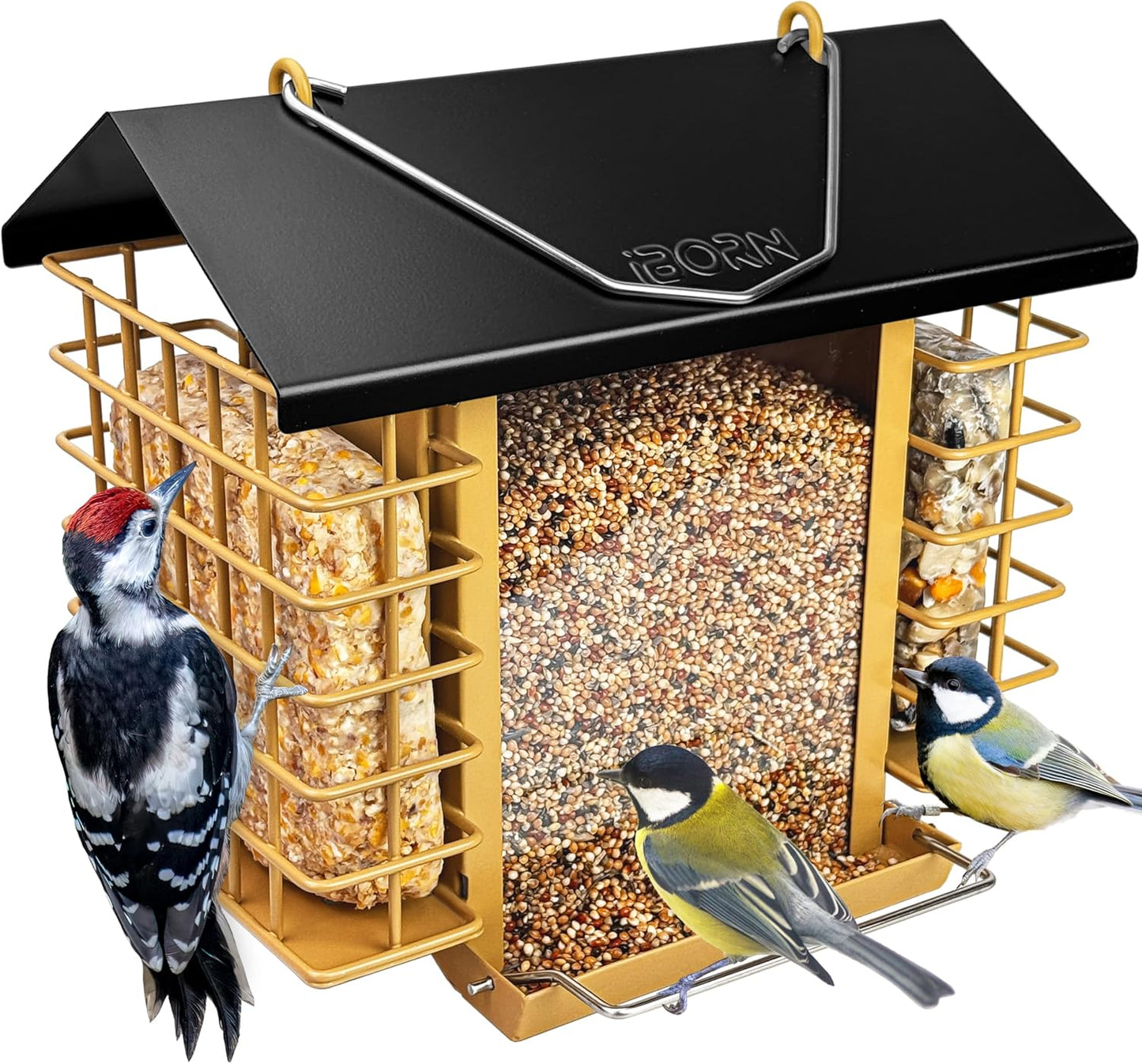 iBorn Bird Feeders for Outdoors,Bird Feeder with Double Suet Holders,Suet Feeder for Outside,Weatherproof Metal Roof,Easy to Refill&Clean,3.2 LBs Seed Capacity+2X Cake,1 Pack,Coffee Roof & Yellow Grid