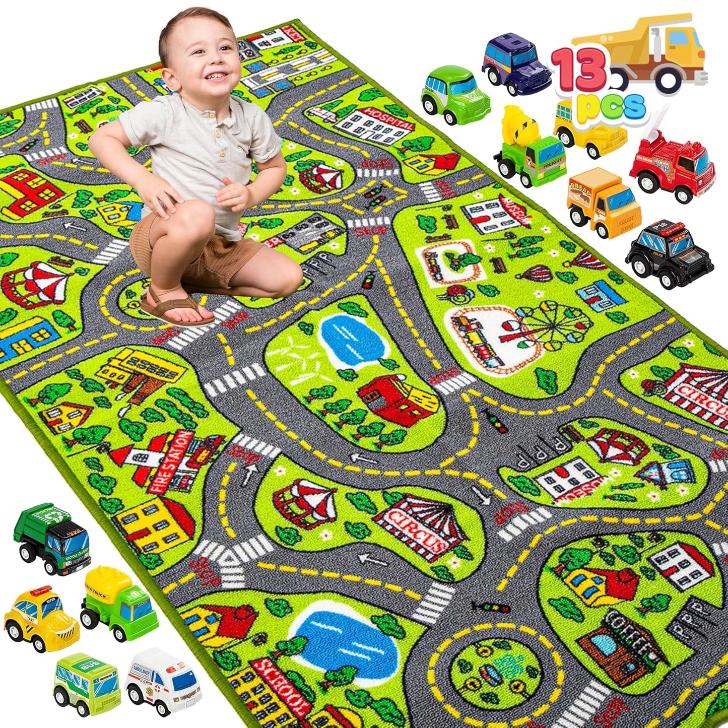 JOYIN Carpet Playmat w/ 12 Cars Pull-Back Vehicle Set for Kids Age 3+, Jumbo Play Room Rug, City Pretending Play