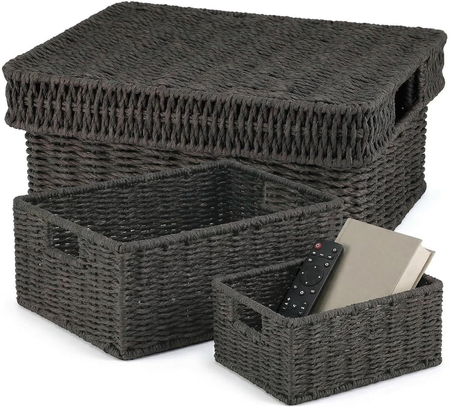 Wicker Storage Basket with Lid - Woven Storage Basket for Organizing,Rectangular Decorative Boxes Bins with Lids for Shelves, living room, Nursery, 2-Piece Set(Natural)