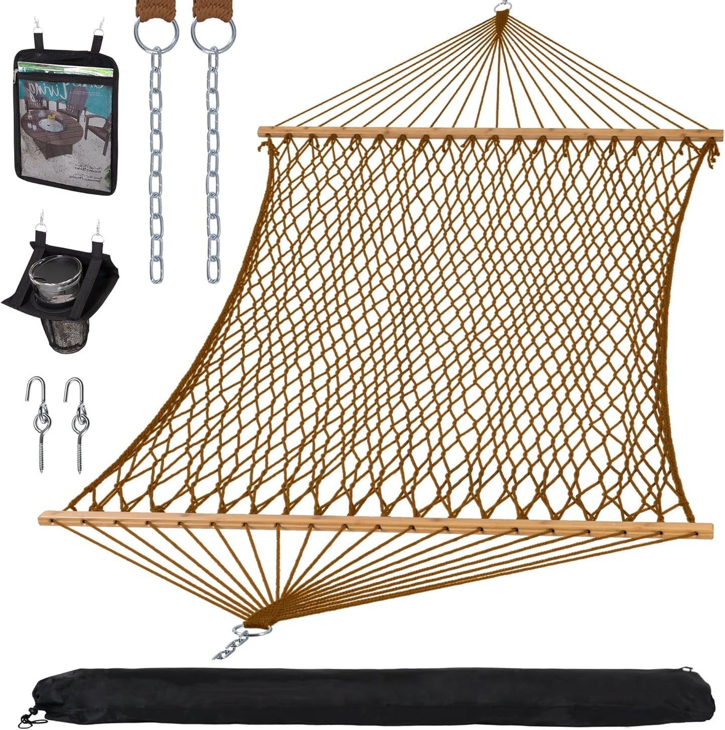 SUNCREAT Hammocks Traditional Rope Double Hammock with Hardwood Spreader Bar and Carrying Bag, 450 lbs Capacity, Natural