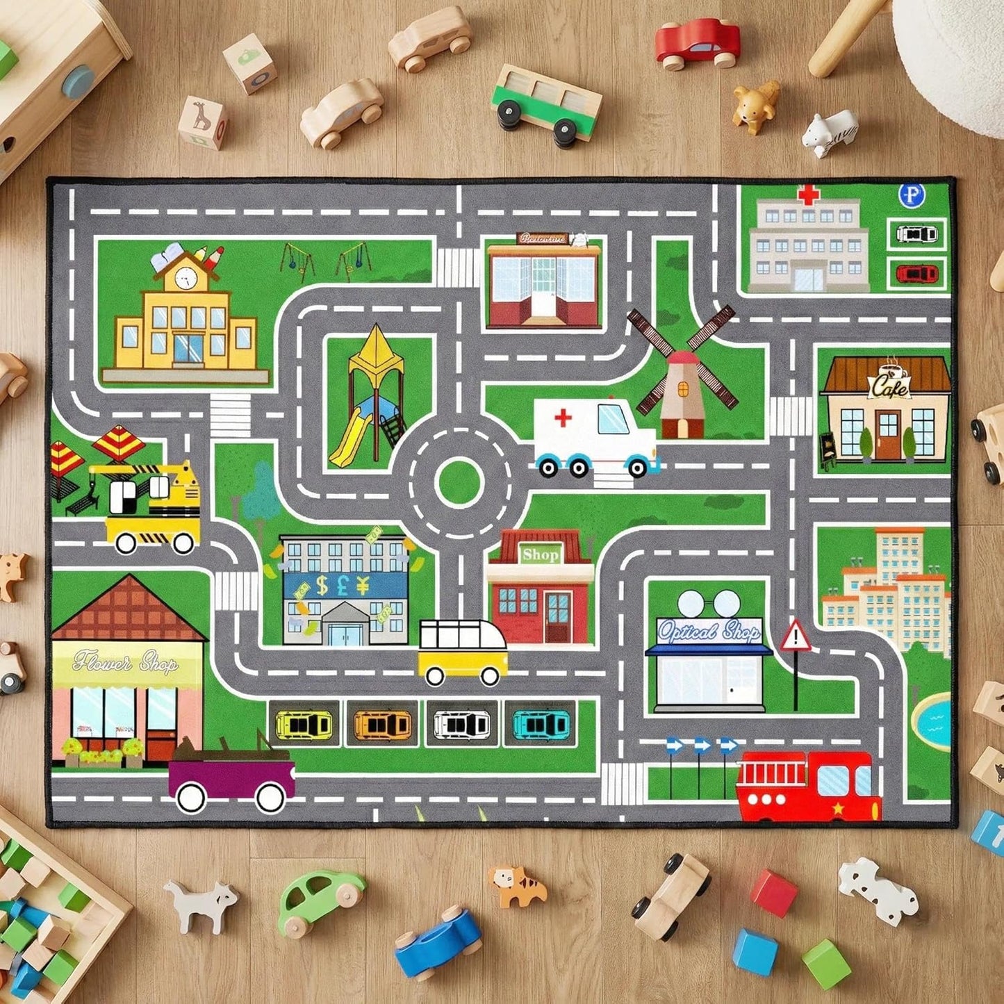 5x7 ft Kids Car Rug - Large Blue Traffic Road Play Mat for Cars, Educational City Play Carpet for Playroom, Nursery & Bedroom Decor