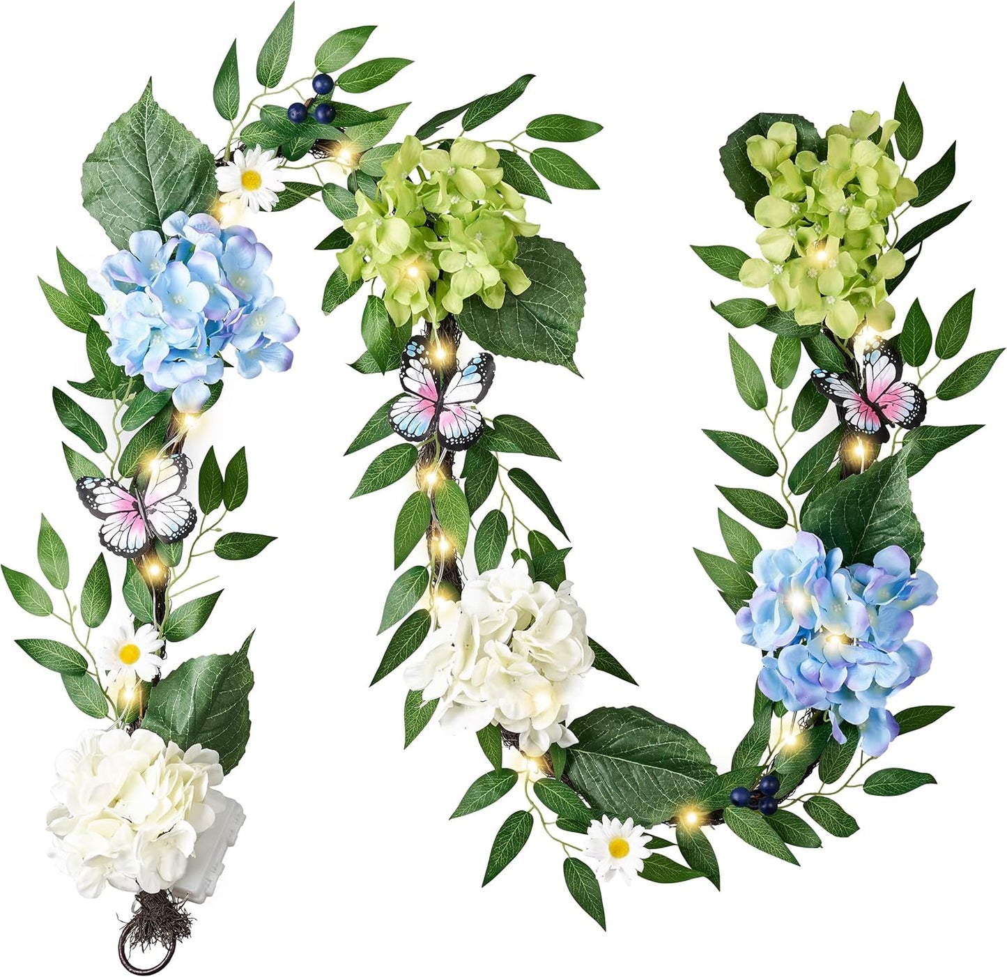 Valery Madelyn 6FT Spring Summer Flower Garland with Lights for Mantle,Blue White Hydrangeas Floral Garland with Eucalyptus Leaves Butterfly for Home Table Centrepiece Stairs Wedding Party Decorations
