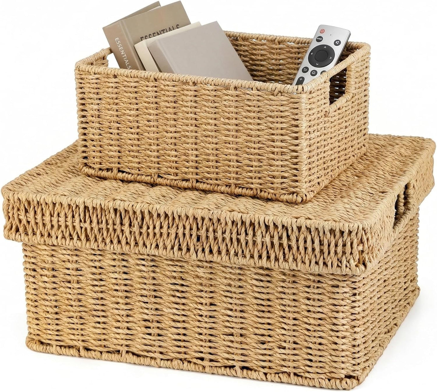 Wicker Storage Basket with Lid - Woven Storage Basket for Organizing,Rectangular Decorative Boxes Bins with Lids for Shelves, living room, Nursery, 2-Piece Set(Natural)
