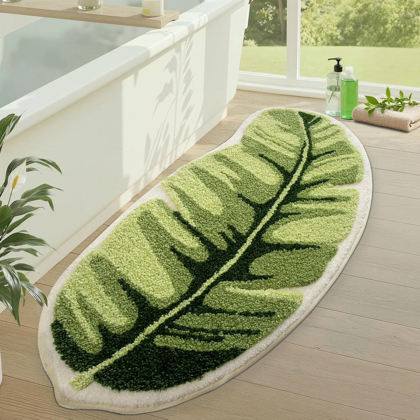 LUMI Cute Bathroom Rugs with Green Leaf Plant, Soft, Fluffy, Plush, Absorbent, Quick Dry, Non Slip, Machine Washable for Shower Floor, Bathroom, Bedroom, Kids Room, 31.5"x47", Monstera