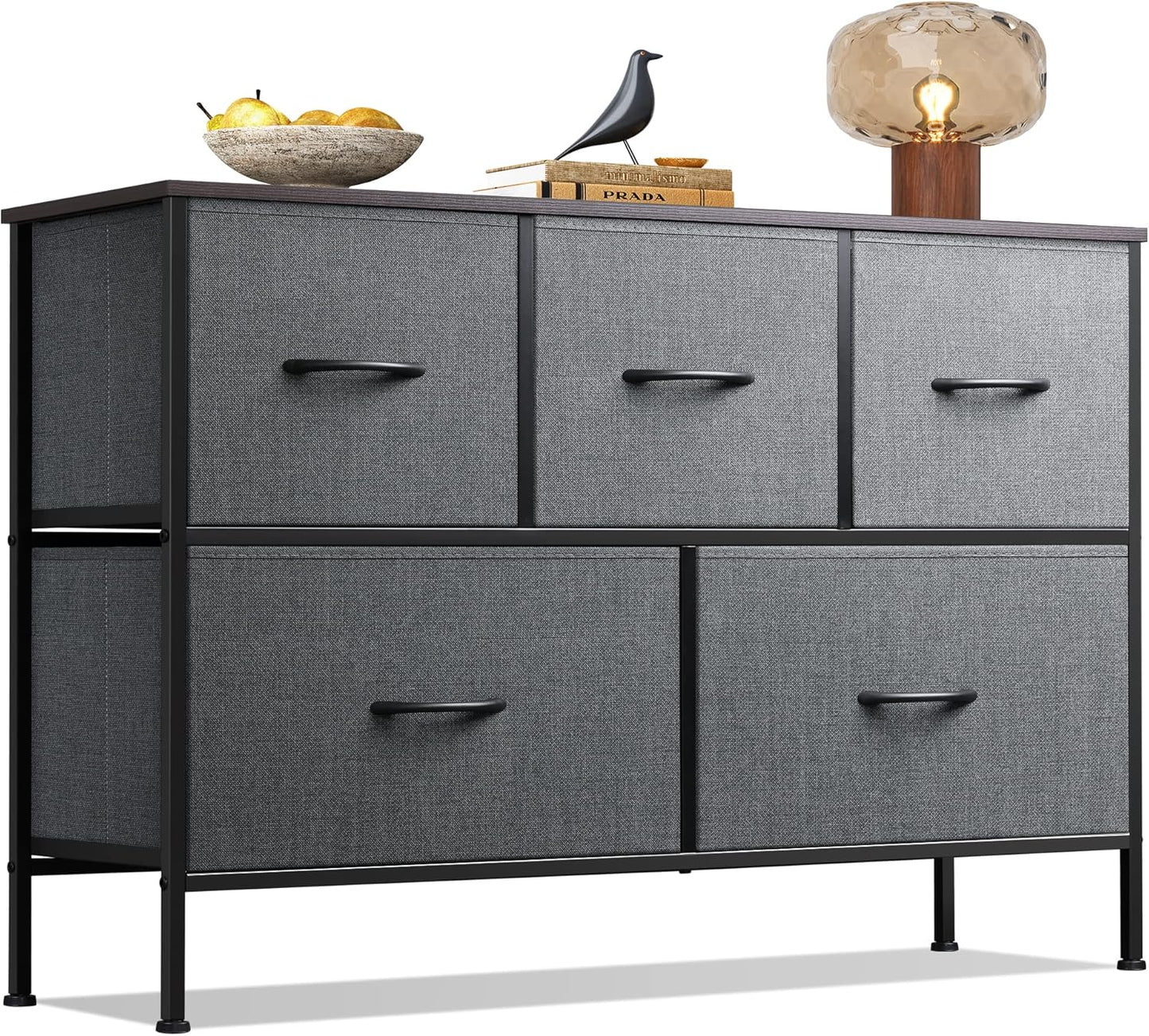 WLIVE Dresser for Bedroom with 5 Drawers, Wide Chest of Drawers, Fabric Dresser, Storage Organizer Unit with Fabric Bins for Closet, Living Room, Hallway, Dark Grey