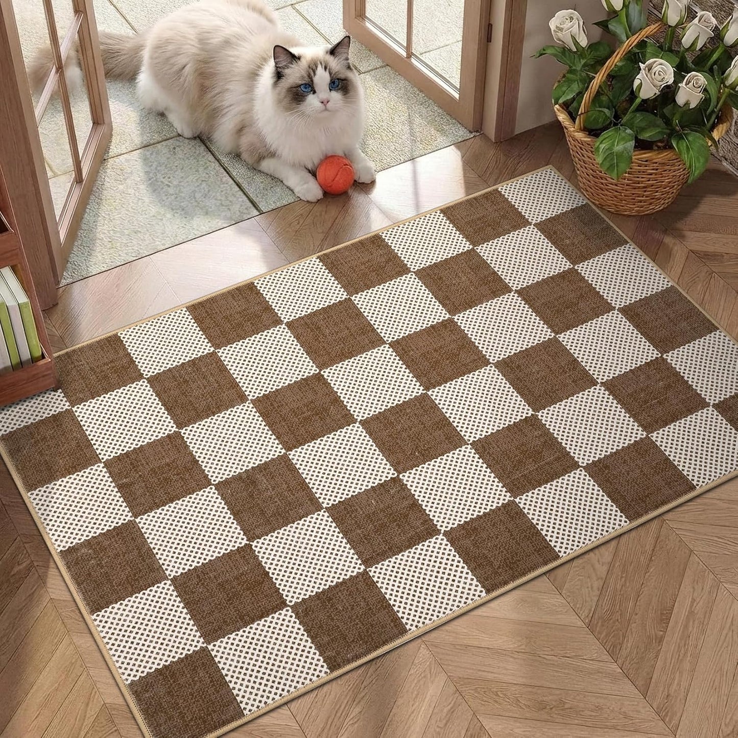 Checkered Sage Green 4x6 Washable Rug Geometric Diamond Dot Modern Soft Low-Pile Girls Small Rug for Bedroom Nursery Living Room Entryway Non-Slip TPE Backing