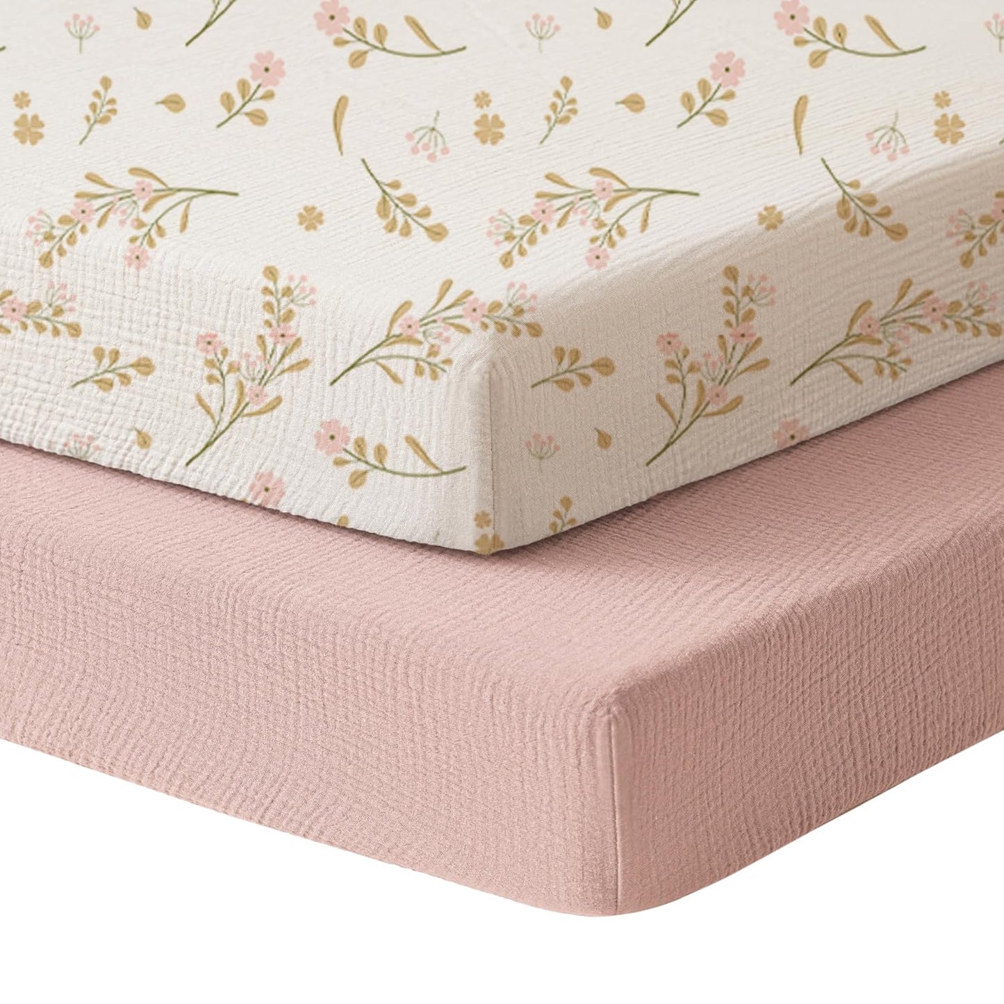 Konssy Muslin Crib Sheets for Girl Boy, 2 PCS Soft and Breathable Cotton Baby Sheets for Standard Crib Mattress, 52"x 28" (Floral, Pink)