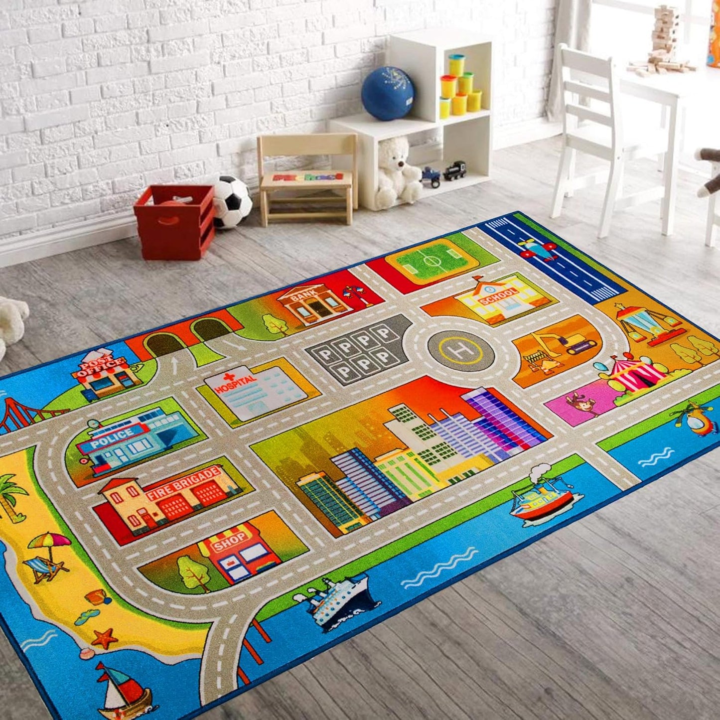 Booooom Jackson Car Rug with Exquisite Box,Washable Rug Kids Area Rug Play Mat 60"x32",Train Track Car Mat,Children Non Slip City Road Floor Carpet for Playroom Bedroom Kids Room