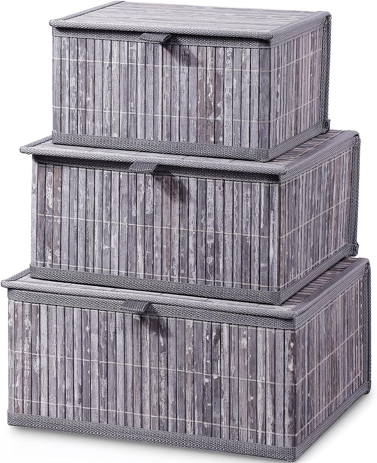 Honygebia Bamboo Decorative Storage Boxes - Set of 3 Woven Lined Storage Basket with Lids, Beige Wicker Lidded Baskets for Home Kitchen Shelf Organizer Decor