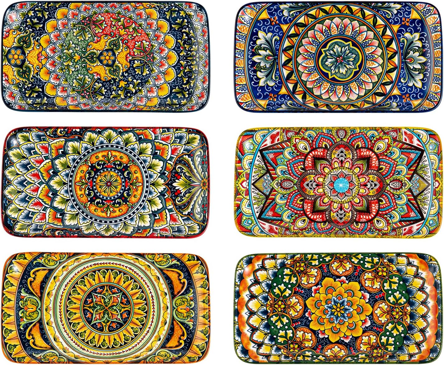 Henten Home Ceramic 8 Inch Salad Plates, Rectangular Salad Plate Set of 6, Bohemian Serving Dishes for Sushi, Appetizer, Cake, Sashimi, Microwave & Dishwasher Safe