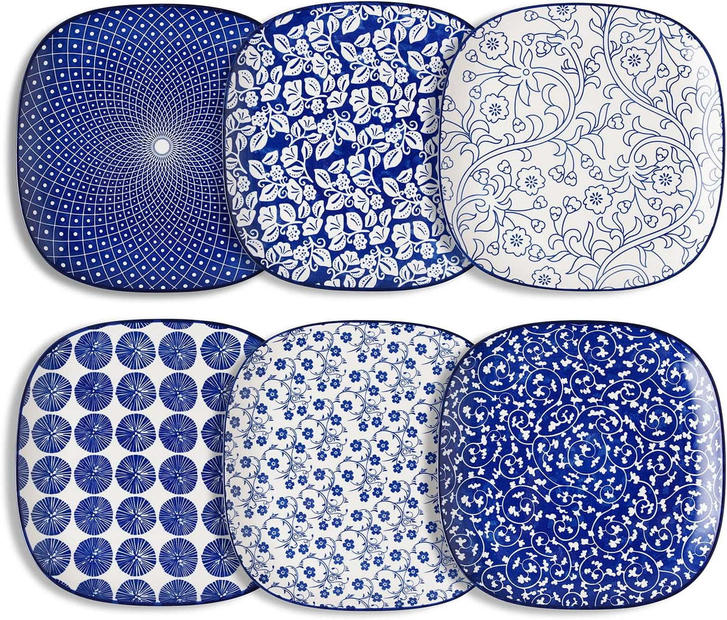 Selamica Porcelain Square Dessert Salad Pasta Plates 7.6 inches ceramic plates set of 6 microwave/dishwasher/oven safe, Vintage Blue