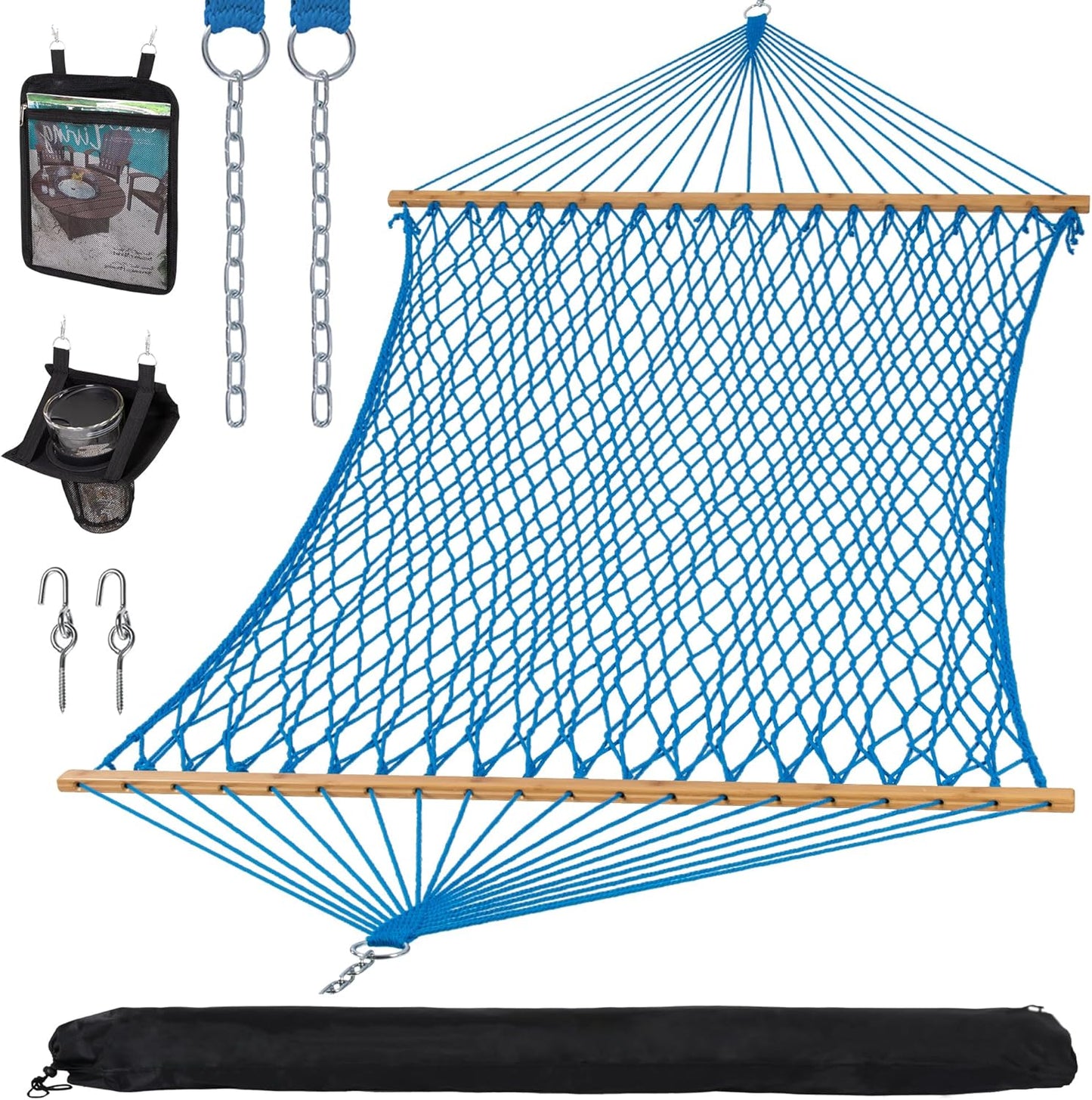 SUNCREAT Hammocks Traditional Rope Double Hammock with Hardwood Spreader Bar and Carrying Bag, 450 lbs Capacity, Natural
