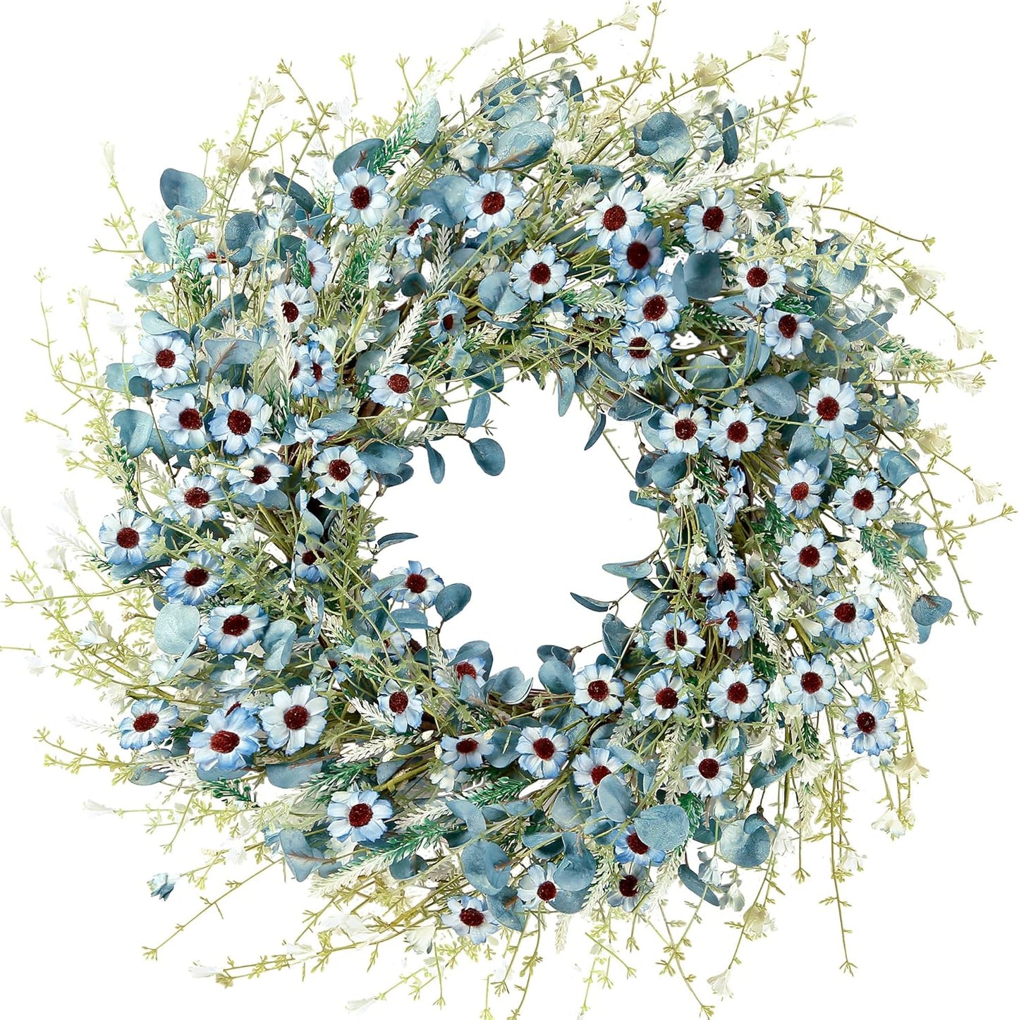 Sggvecsy White Daisy Wreath 24 Inch with Fake Silk Floral Green Eucalyptus Leaves and Lavender for Spring Summer Front Door Window Wall Wedding Farmhouse Festival Decor