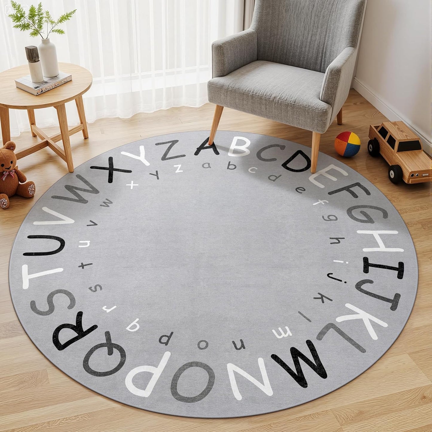 ABC Kids Alphabet Round Rug 4ft, Washable Soft Circle Nursery Rug, Non-Slip Educational Carpet with Space Astronaut Design for Classroom, Playroom & Kids Room Decor Blue