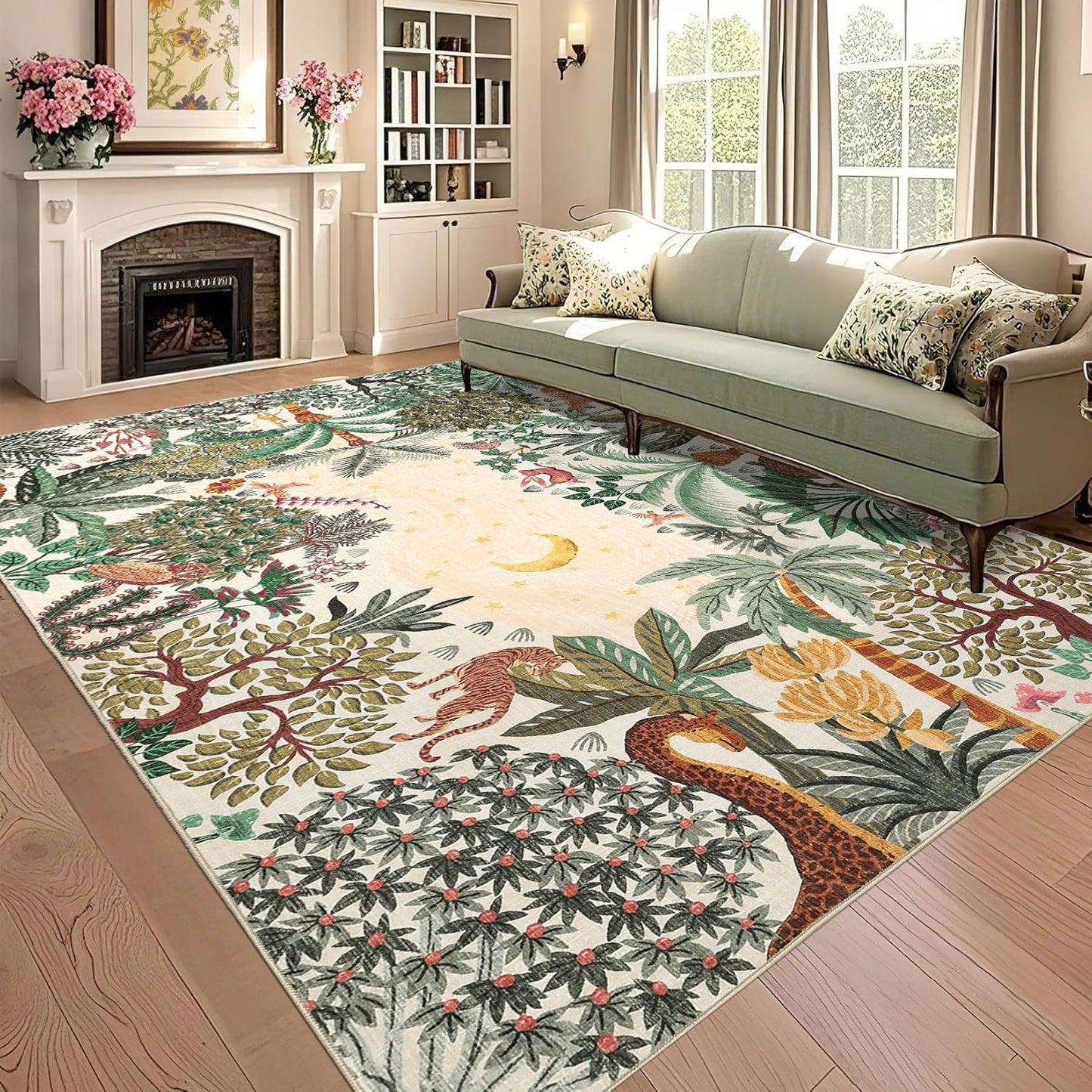 GarveeHome 4x6 Washable Area Rug for Kids Room, Jungle Animal Soft Bedroom Rug Non Slip Low Pile Small Carpet Stain Resistant Throw Rug for Bedside Playroom Classroom Office Dining Room