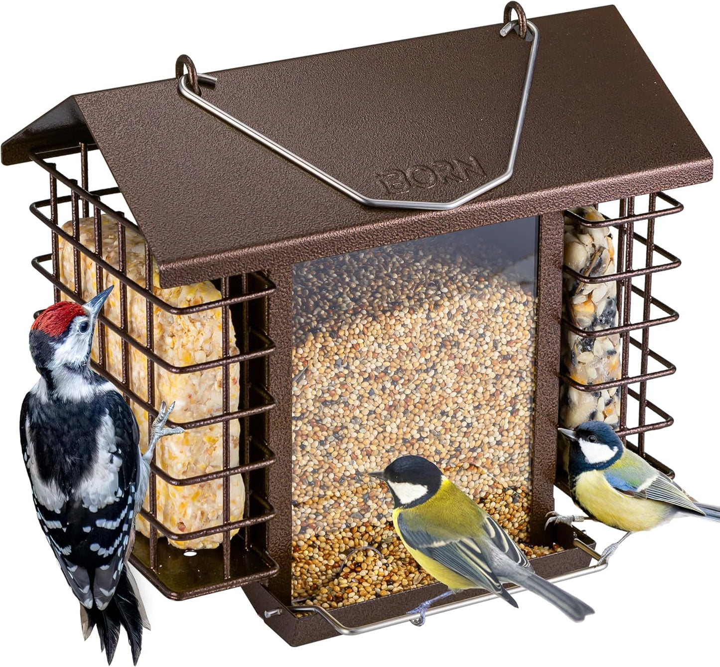 iBorn Bird Feeders for Outdoors,Bird Feeder with Double Suet Holders,Suet Feeder for Outside,Weatherproof Metal Roof,Easy to Refill&Clean,3.2 LBs Seed Capacity+2X Cake,1 Pack,Coffee Roof & Yellow Grid