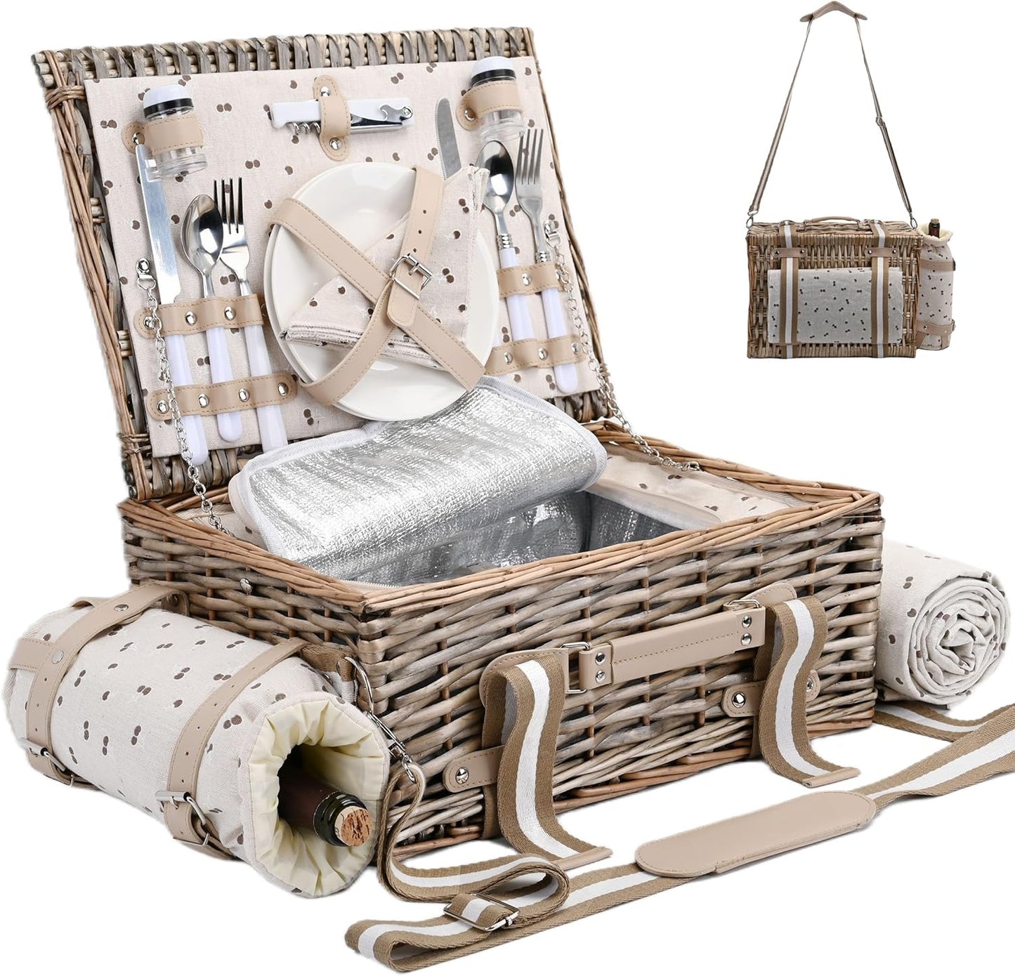 31Pcs Picnic Basket Set for 4 with Insulated Liner and Waterproof Blanket Wine Pouch, Large Wicker Picnic Hamper for Camping,Outdoor,Valentine Birthday Christmas for Couples