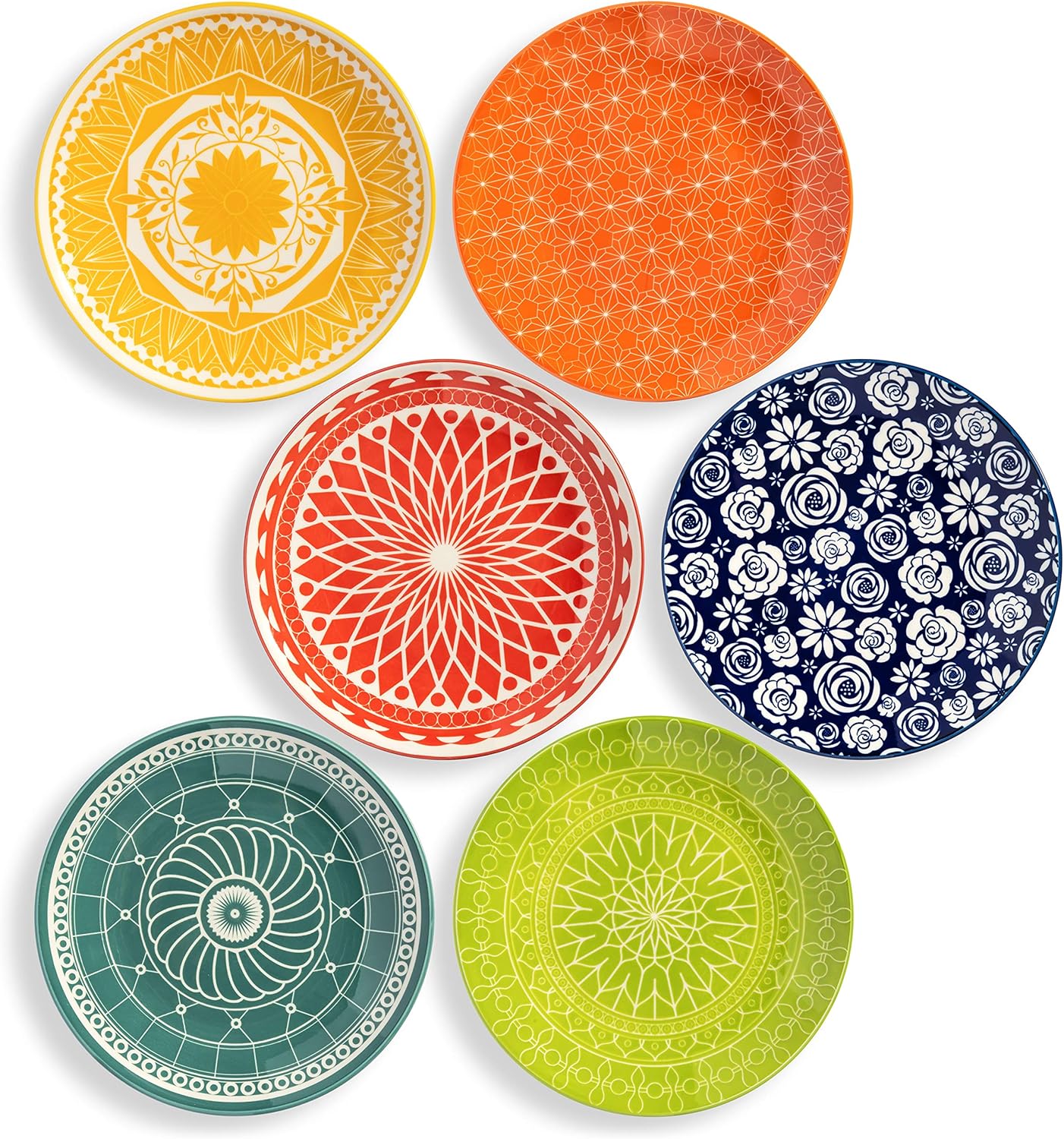 Annovero Dinner Plates - Mismatched Colorful Dinnerware Set of 6 - Fun Decorative Cute Boho Kitchen Dishes - Zero Lead & Cadmium - 10.5 Inch Diameter