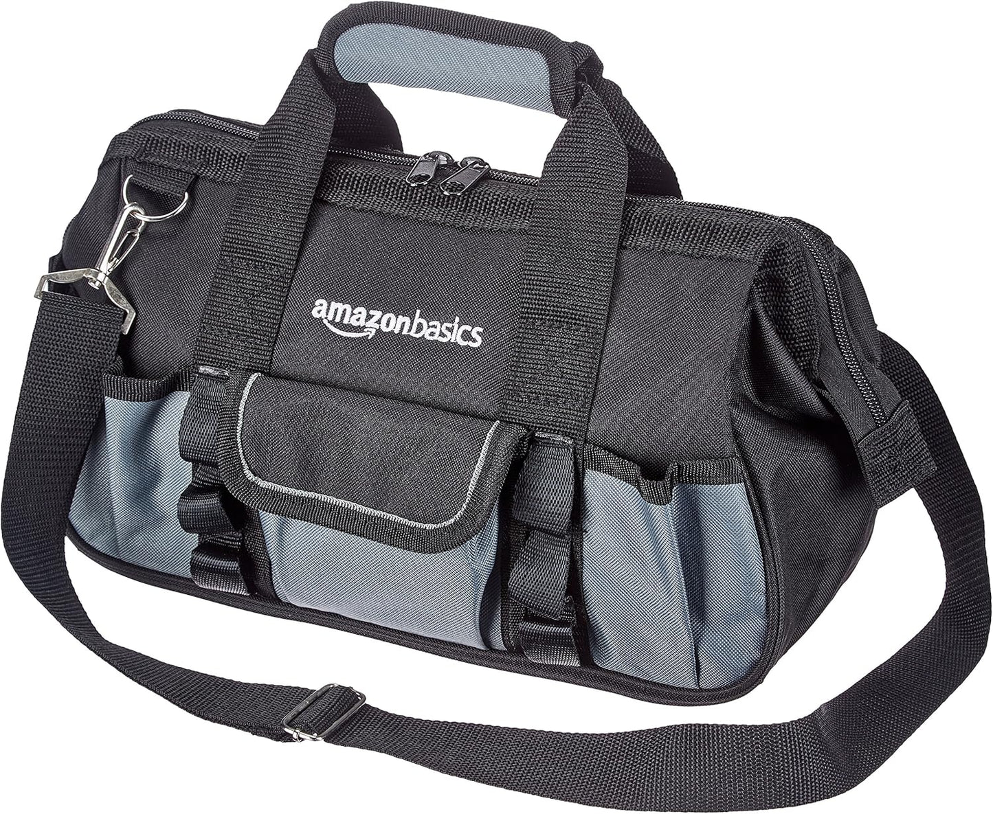 Amazon Basics Durable Wear-Resistant Tool Storage Bag with Adjustable Shoulder Strap, Portable Tool Organizer, 16 in, Black & Grey